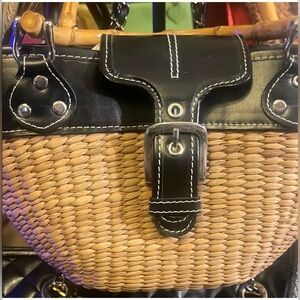 Black Leather and Tan Woven Bamboo Handles Women's Bag